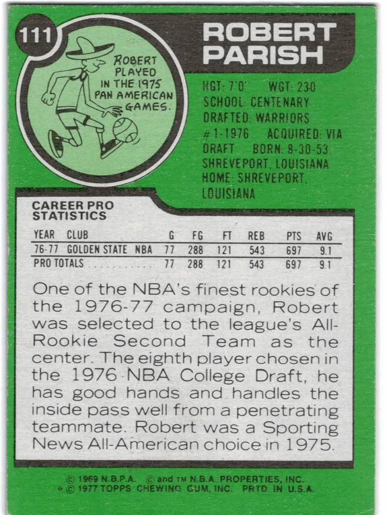 1977-78 Topps #111 Robert Parish RC back image