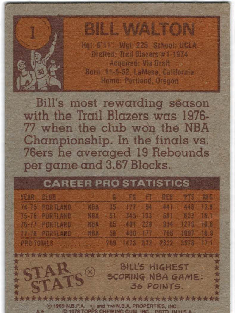 1978-79 Topps #1 Bill Walton ! back image