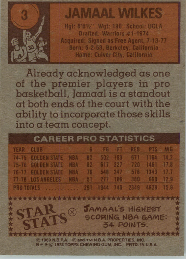 1978-79 Topps #3 Jamaal Wilkes back image