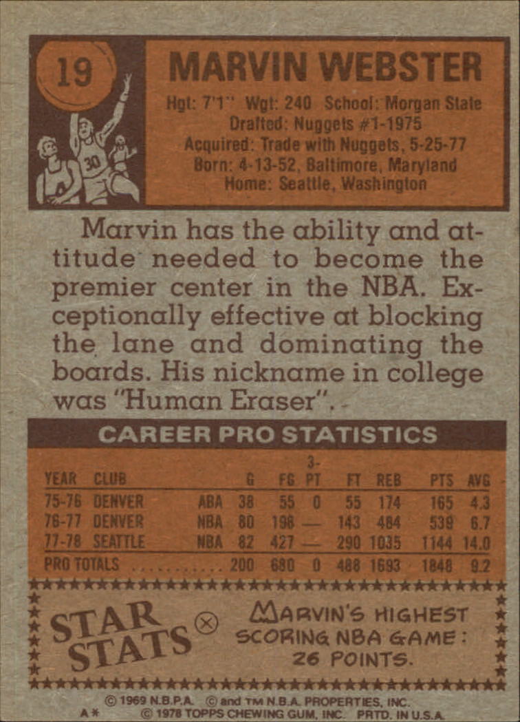 1978-79 Topps #19 Marvin Webster back image