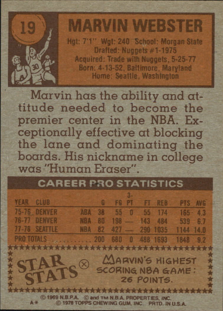1978-79 Topps #19 Marvin Webster back image