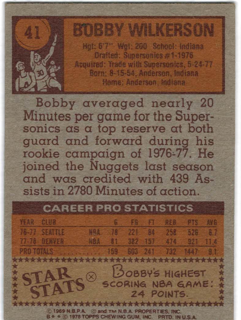 1978-79 Topps #41 Bobby Wilkerson RC back image