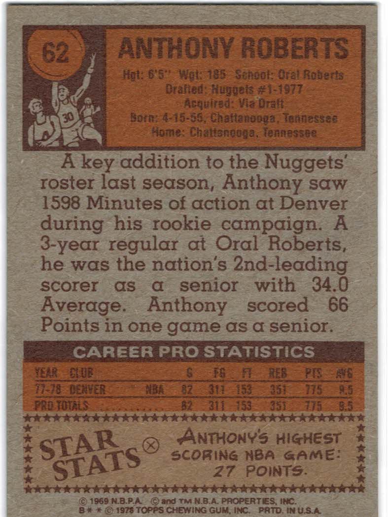 1978-79 Topps #62 Anthony Roberts back image