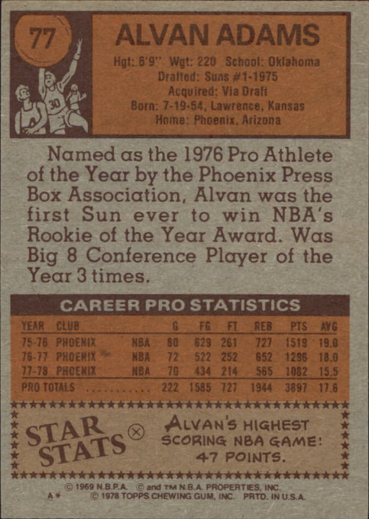 1978-79 Topps #77 Alvan Adams back image