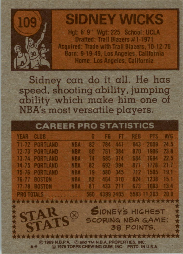 1978-79 Topps #109 Sidney Wicks back image