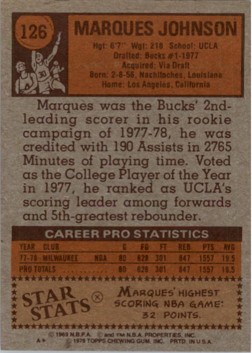 1978-79 Topps #126 Marques Johnson RC back image