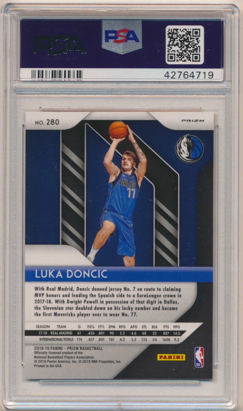 2018-19 Panini Prizm Prizms Red White and Blue #280 Luka Doncic Rookie PSA 10 Z27697 back image