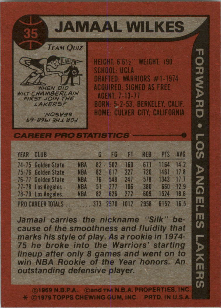 1979-80 Topps #35 Jamaal Wilkes back image