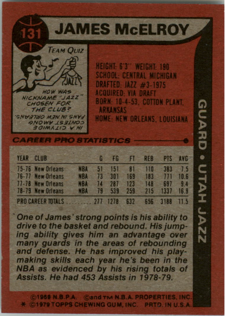 1979-80 Topps #131 James McElroy back image