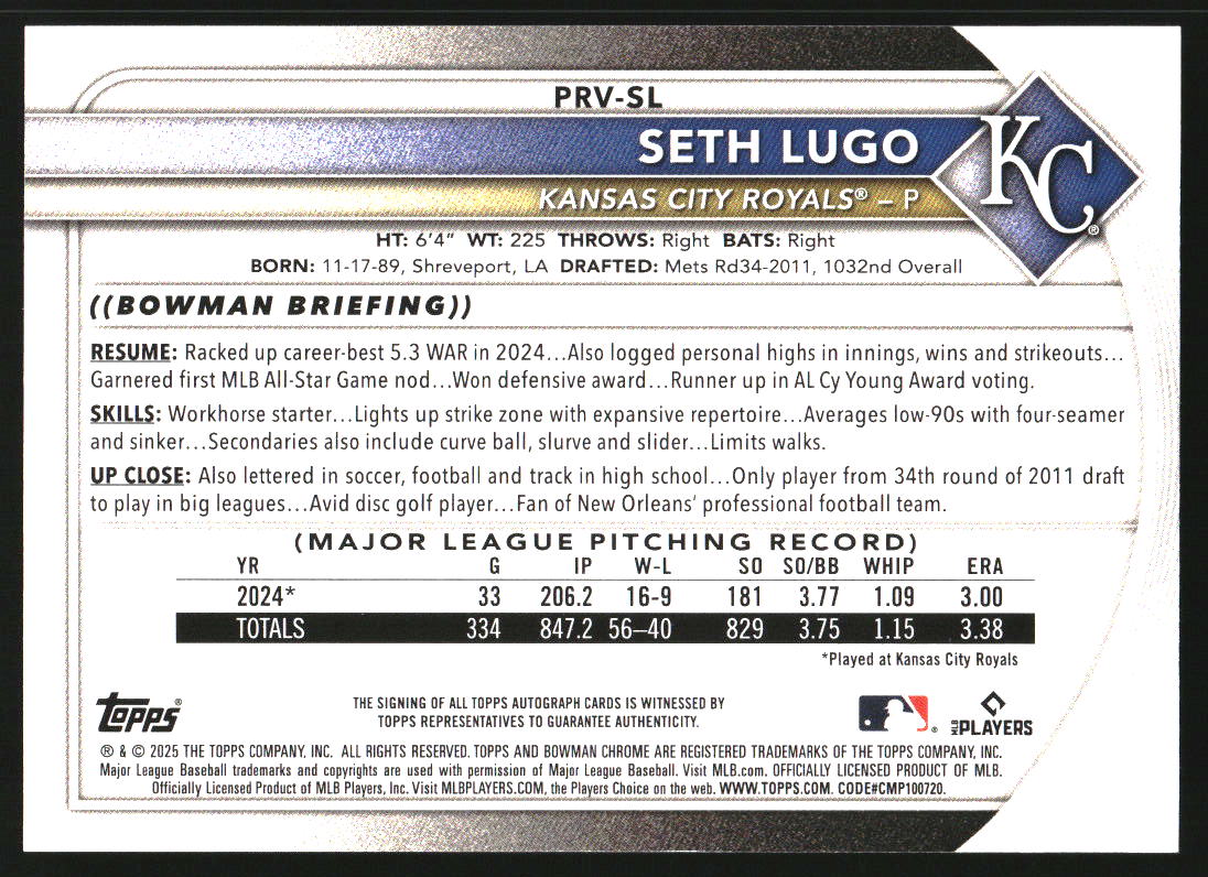 2025 Bowman Rookie and Veteran Autographs Blue Border #PRVSL Seth Lugo/140
