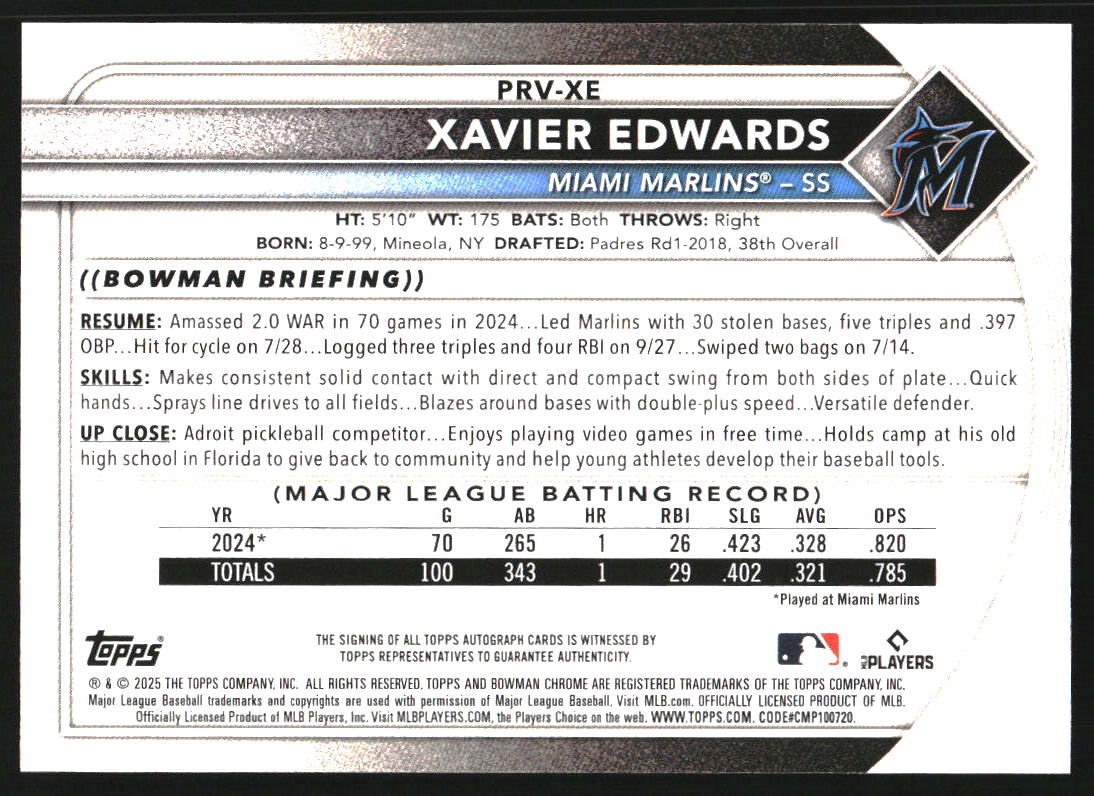 2025 Bowman Rookie and Veteran Autographs Blue Border #PRVXE Xavier Edwards/150
