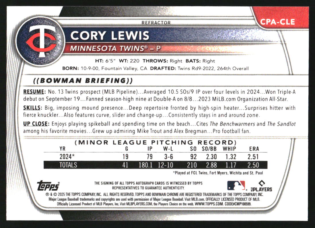 2025 Bowman Chrome Prospect Autographs Refractors #CPACLE Cory Lewis