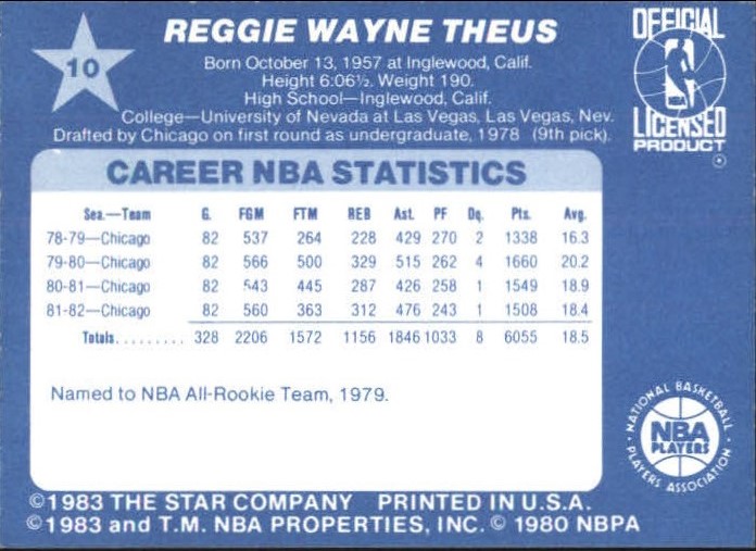 1983 Star All-Star Game #10 Reggie Theus back image