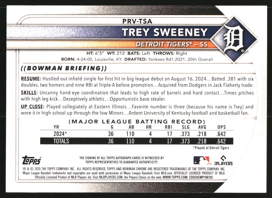 2025 Bowman Rookie and Veteran Autographs #PRVTSA Trey Sweeney