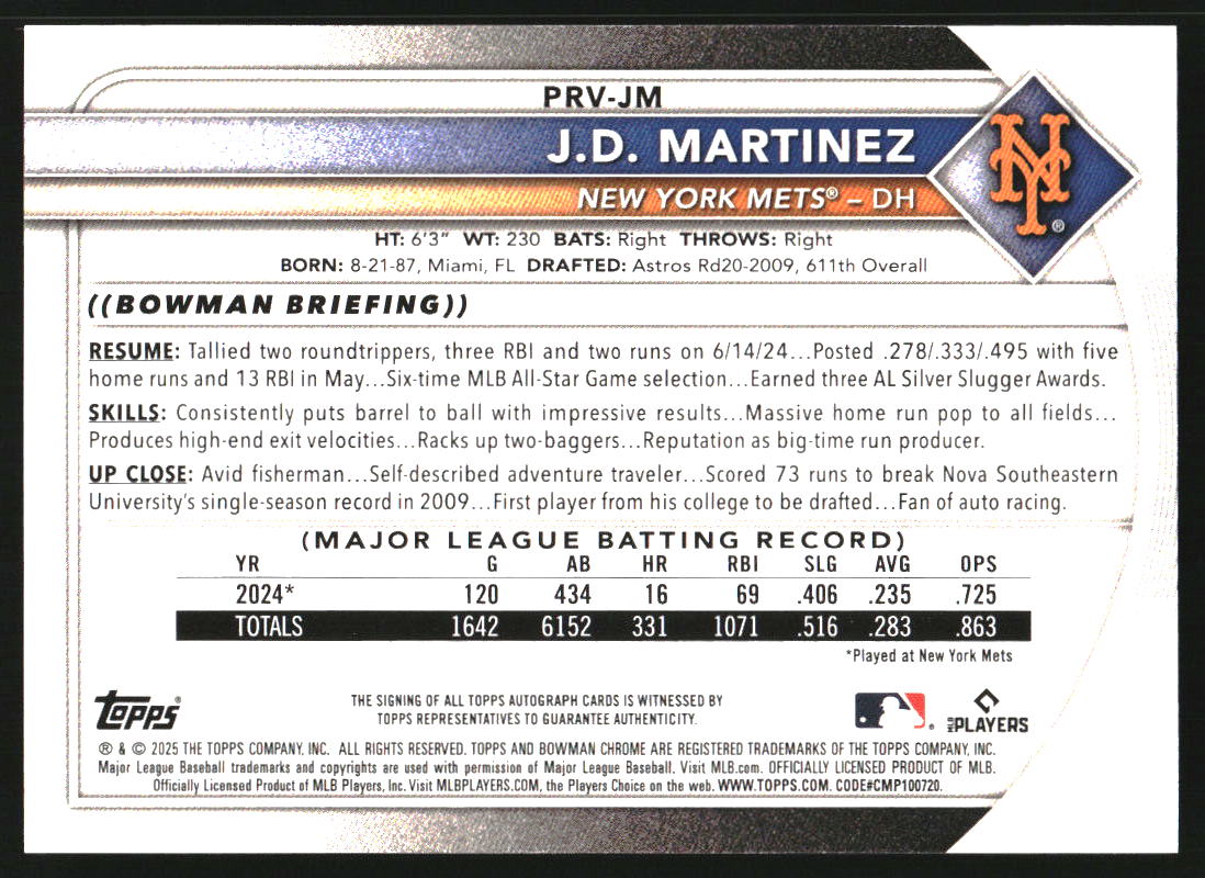 2025 Bowman Rookie and Veteran Autographs Purple Border #PRVJM J.D. Martinez