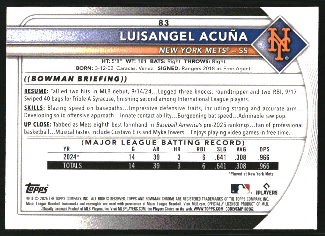 2025 Bowman Chrome Bowman Mega Box #83 Luisangel Acuna RC