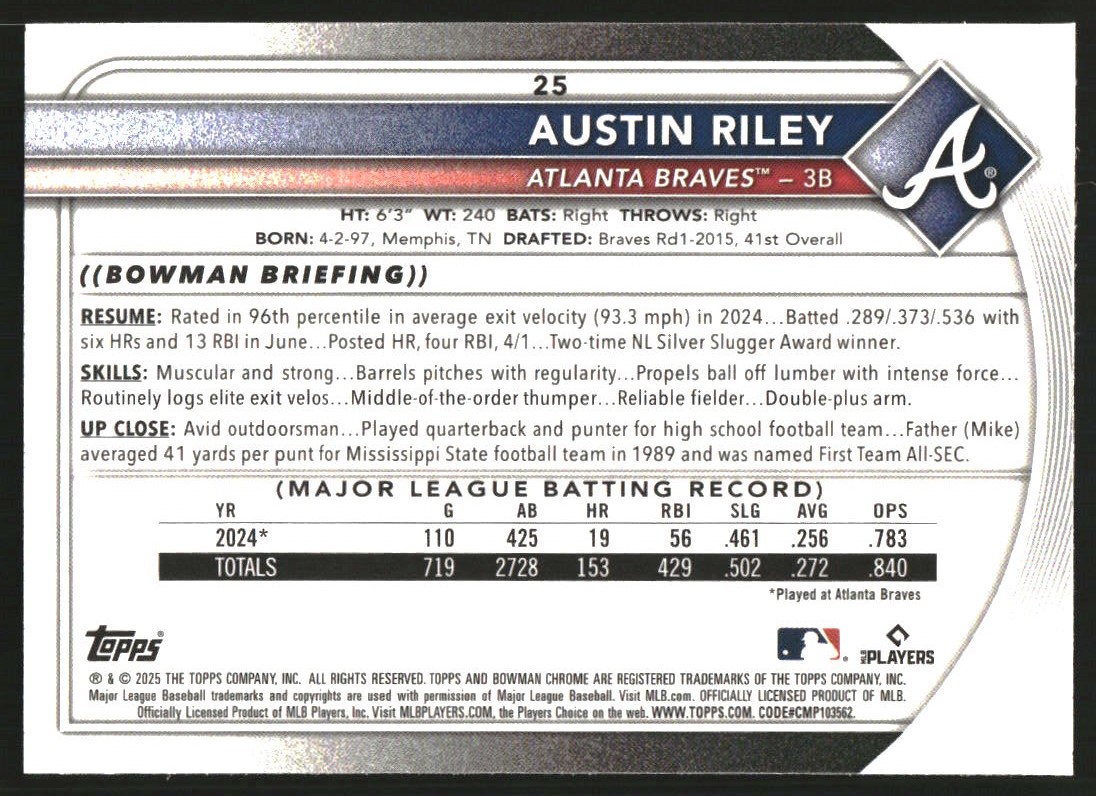 2025 Bowman Chrome Bowman Mega Box Purple Refractors #32 Austin Riley