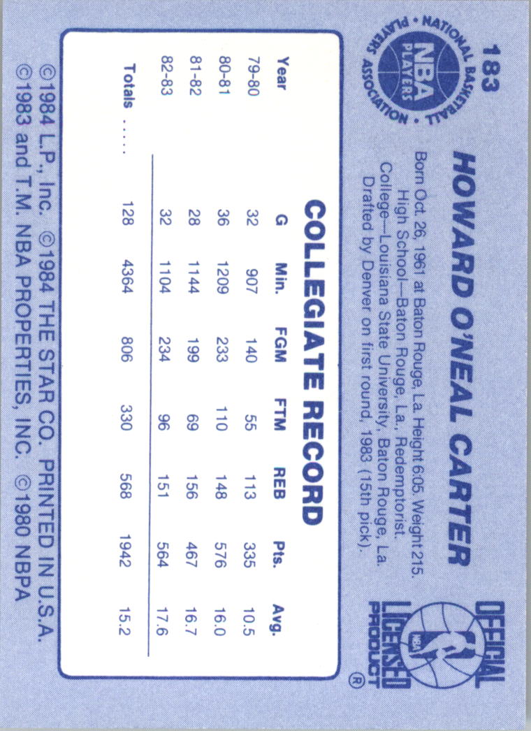 1983-84 Star #183 Howard Carter back image