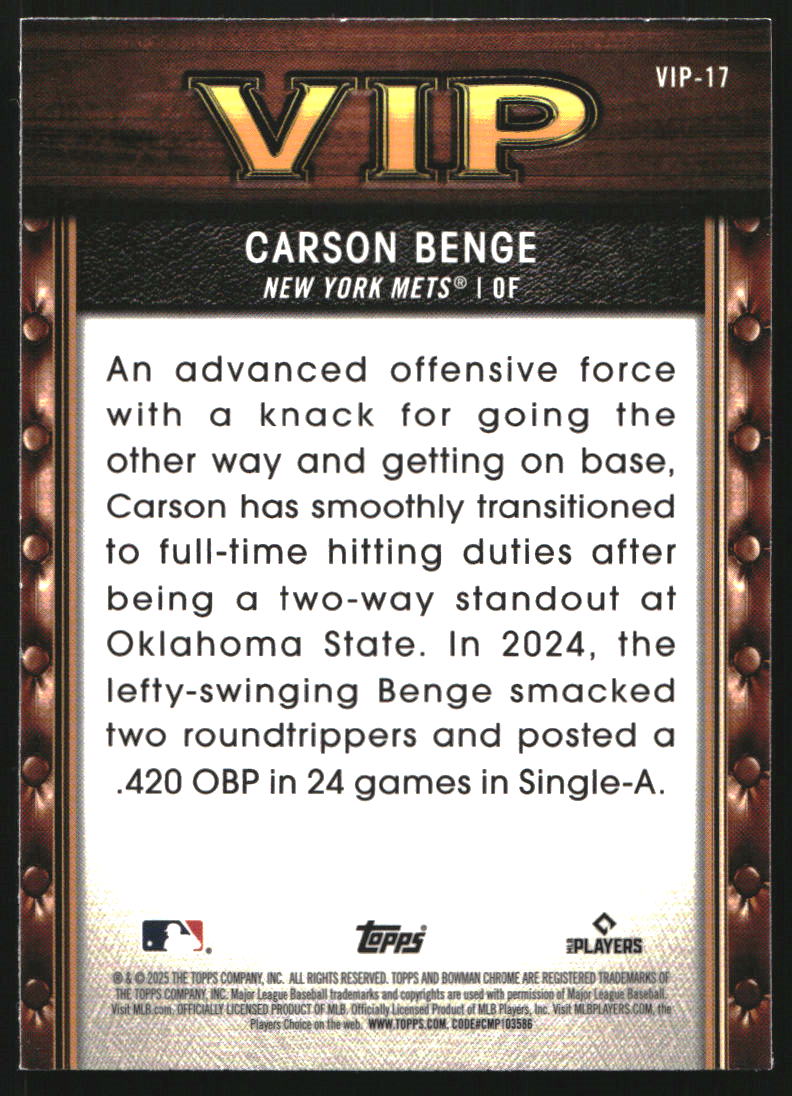2025 Bowman Chrome Mega Box Very Important Prospects #VIP17 Carson Benge