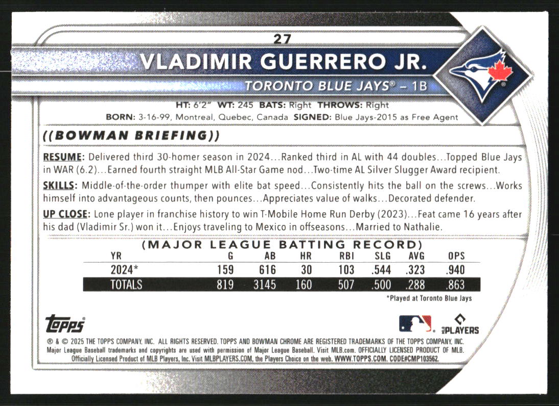 2025 Bowman Chrome Bowman Mega Box #27 Vladimir Guerrero Jr.