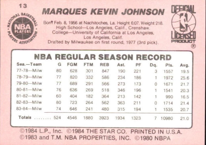 1984-85 Star #13 Marques Johnson back image