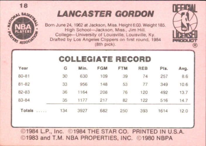 1984-85 Star #18 Lancaster Gordon back image