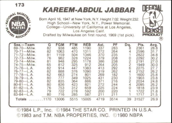 1984-85 Star #173 Kareem Abdul-Jabbar back image