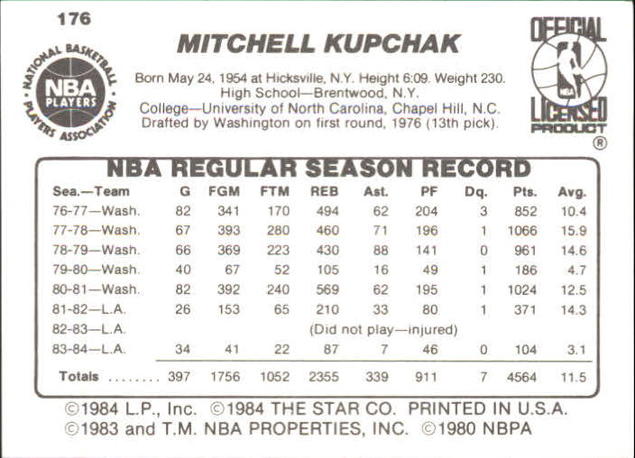 1984-85 Star #176 Mitch Kupchak back image