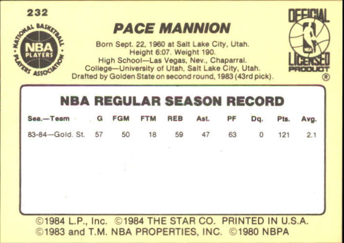 1984-85 Star #232 Pace Mannion back image