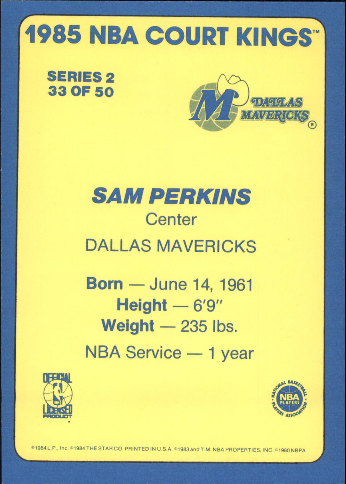 1984-85 Star Court Kings 5x7 #33 Sam Perkins back image