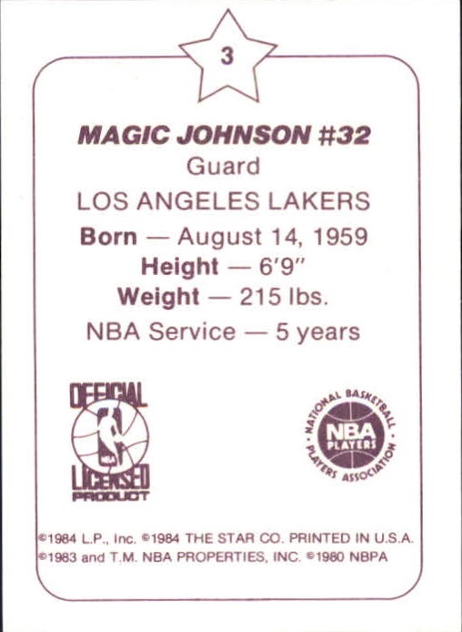 1984-85 Star Arena #D3 Magic Johnson back image