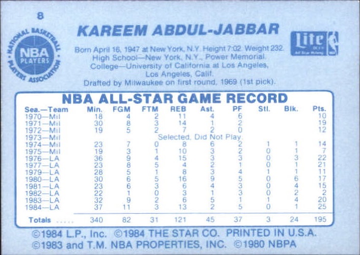 1985 Star Lite All-Stars #8 Kareem Abdul-Jabbar back image