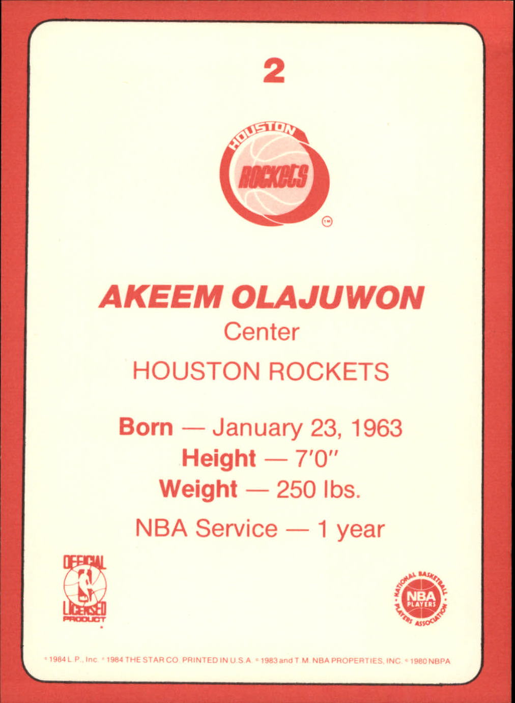 1985 Star Team Supers 5x7 #HR2 Hakeem Olajuwon back image