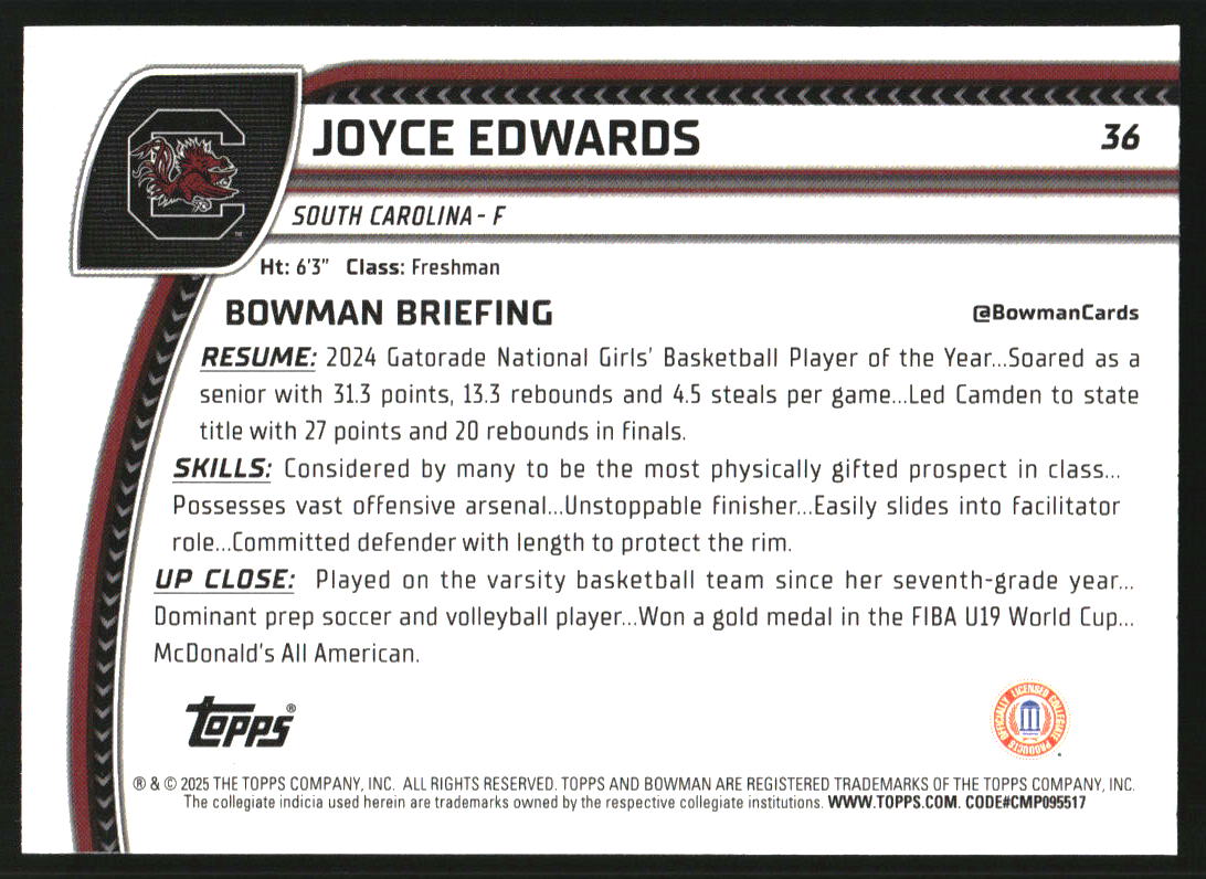 2024-25 Bowman Chrome Sapphire University #36 Joyce Edwards