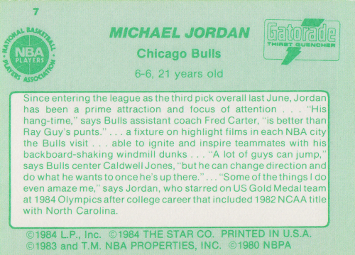 1985 Star Gatorade Slam Dunk #7 Michael Jordan back image
