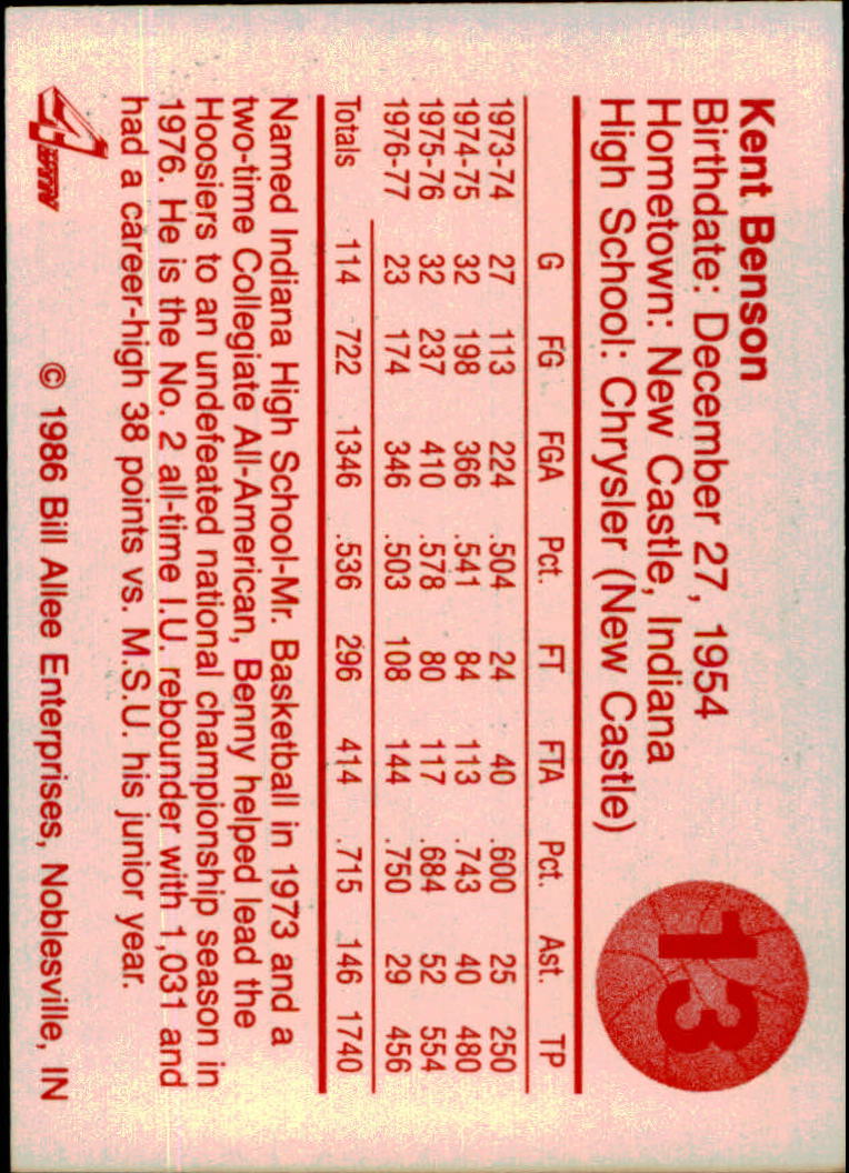 1986-87 Indiana Greats I #13 Kent Benson back image