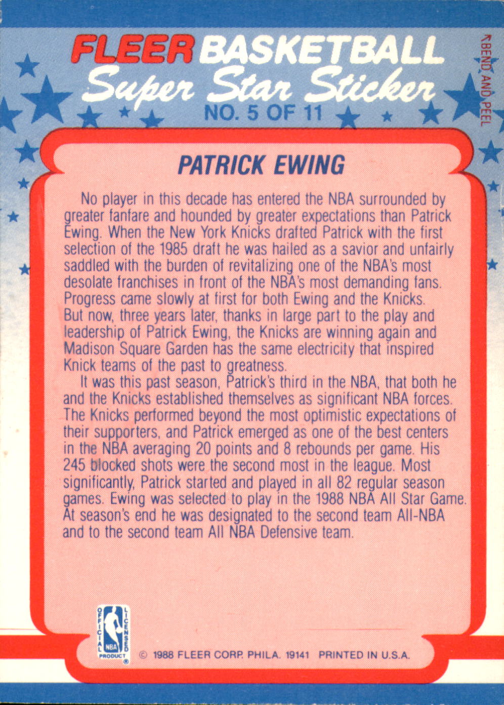 1988-89 Fleer Stickers #5 Patrick Ewing back image