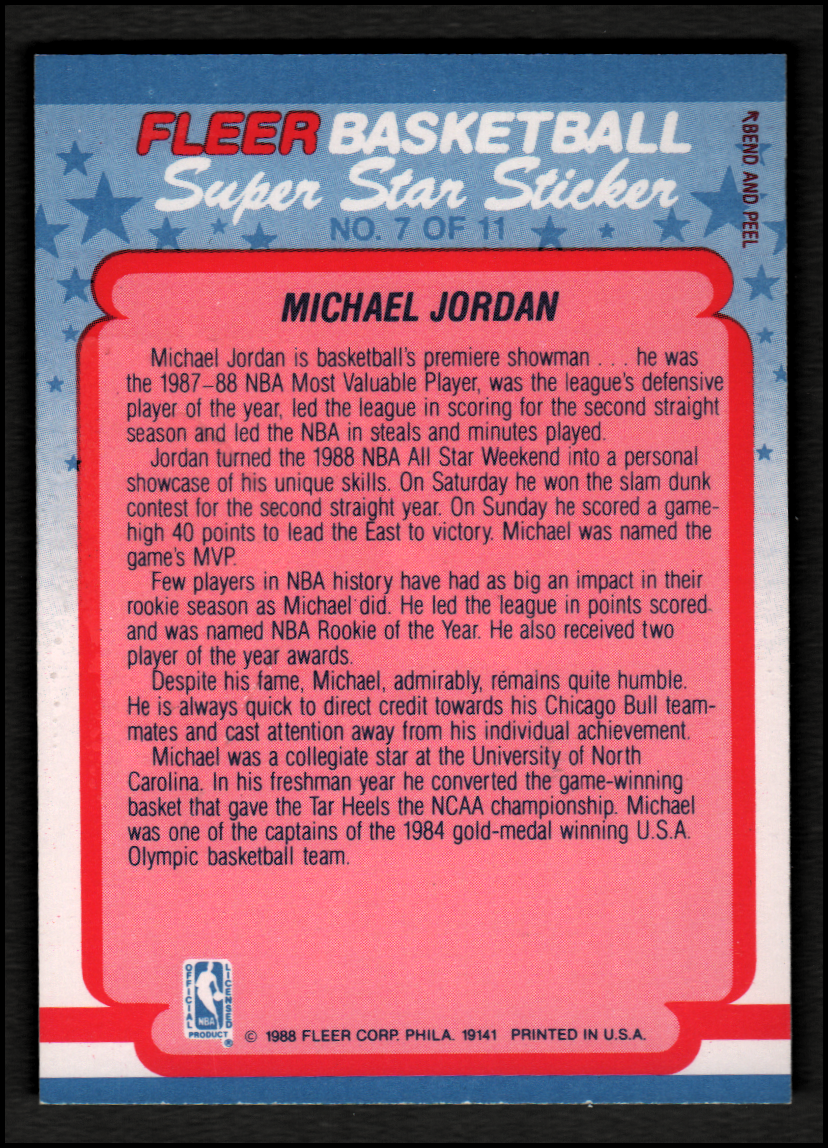 1988-89 Fleer Stickers #7 Michael Jordan back image