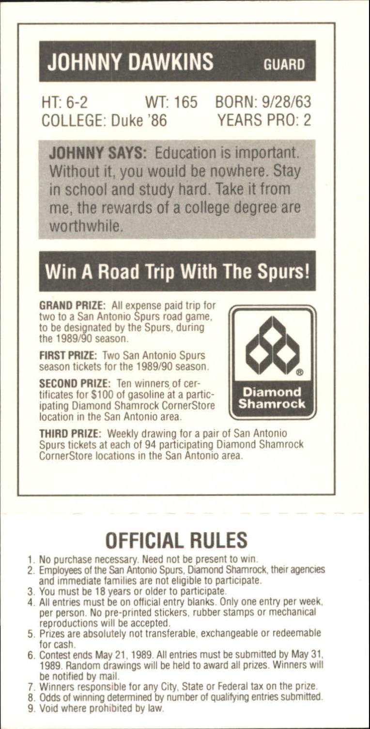 1988-89 Spurs Police/Diamond Shamrock #6 Johnny Dawkins 24 back image