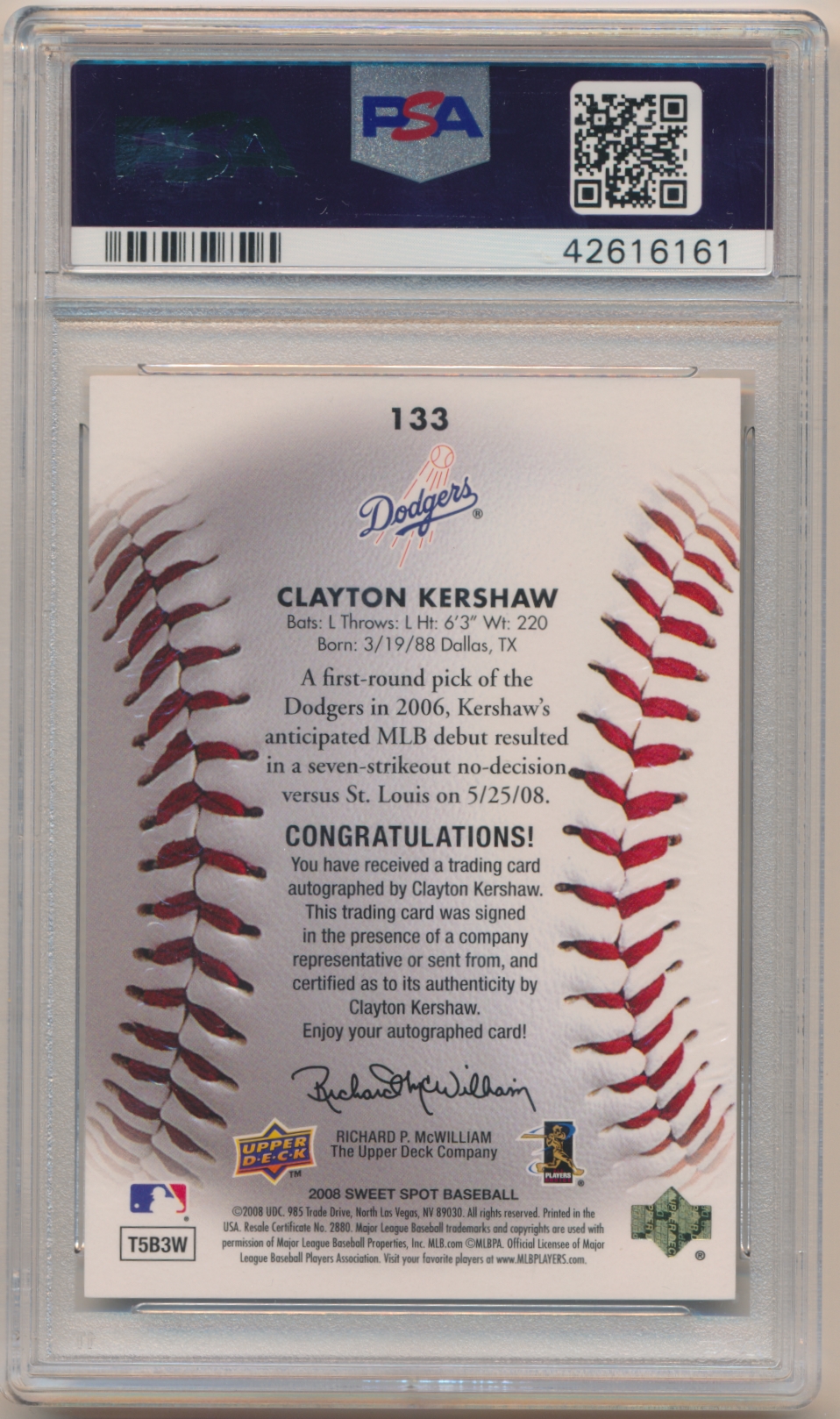 2008 Upper Deck Sweet Spot Clayton Kershaw Signature 50