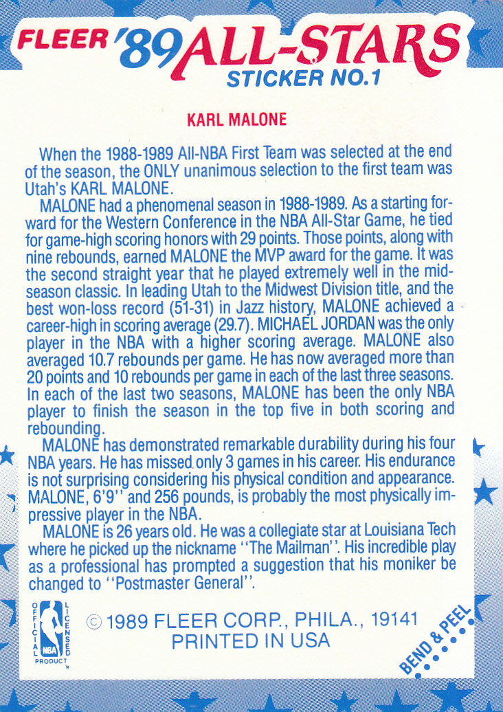 1989-90 Fleer Stickers #1 Karl Malone back image