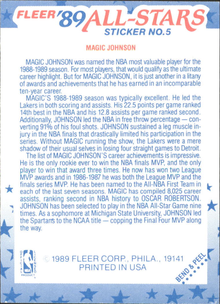 1989-90 Fleer Stickers #5 Magic Johnson back image