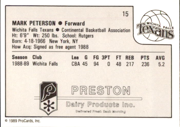 1989-90 ProCards CBA #15 Mark Peterson back image