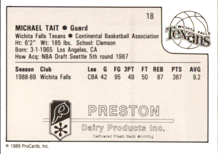 1989-90 ProCards CBA #18 Michael Tait back image