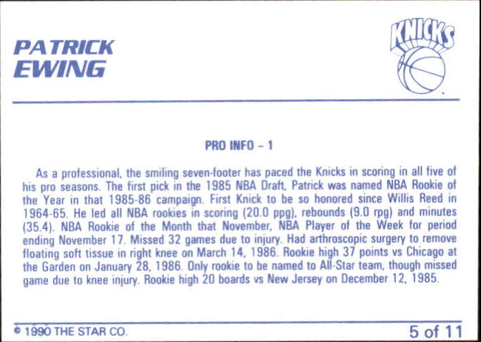 1990 Star Patrick Ewing #5 Patrick Ewing/Pro Info - 1 back image