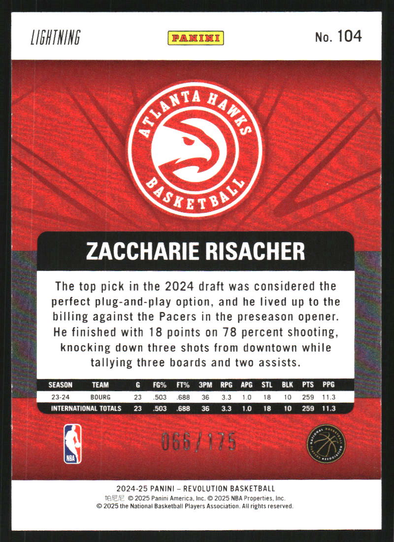 2024-25 Panini Revolution Lighting #104 Zaccharie Risacher /175