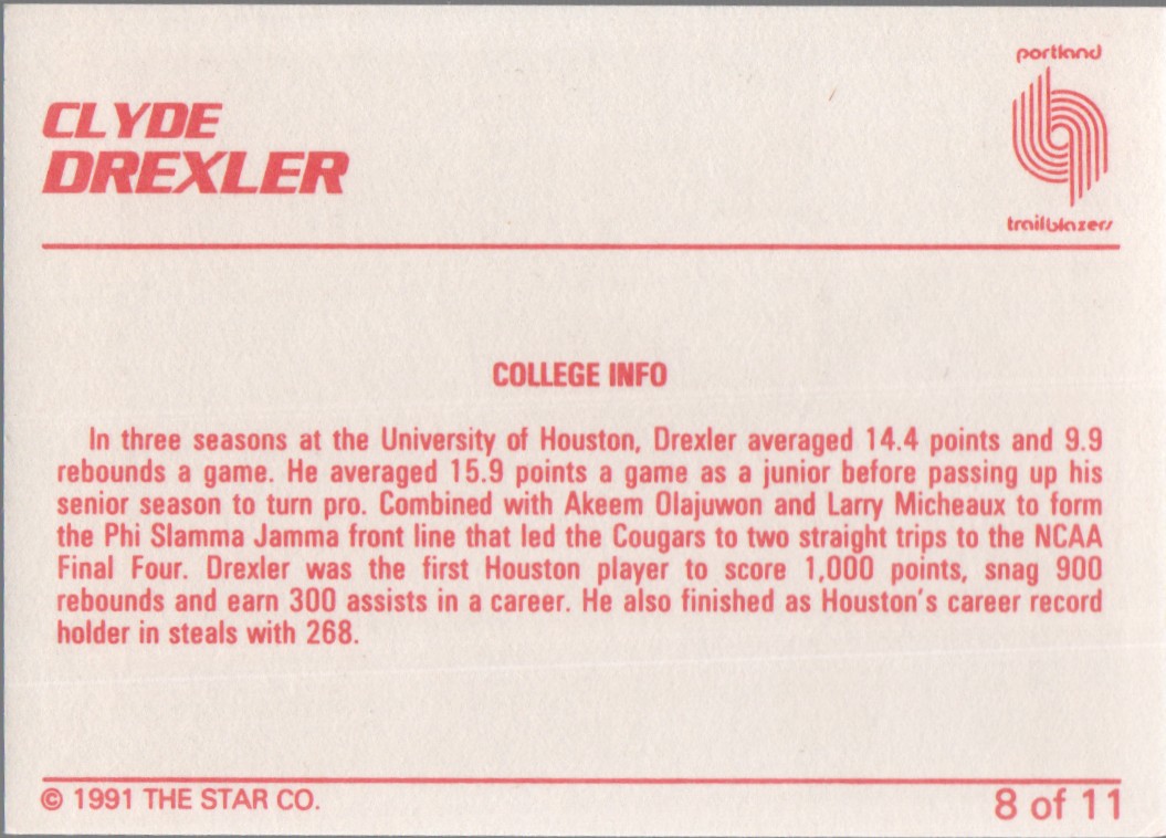 1990 Star Clyde Drexler #8 Clyde Drexler/Collegiate Info back image