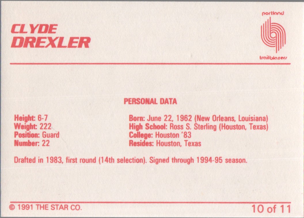 1990 Star Clyde Drexler #10 Clyde Drexler/Personal Data back image