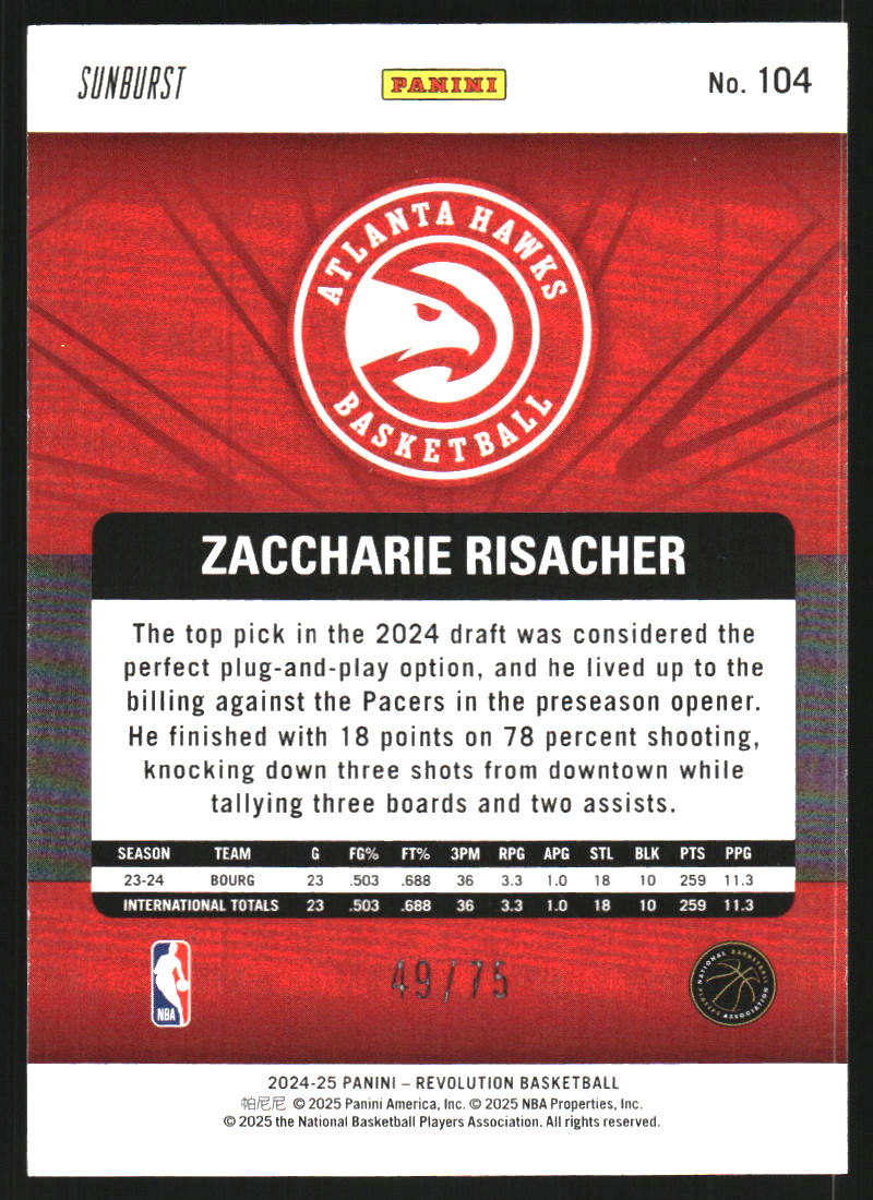 2024-25 Panini Revolution Sunburst #104 Zaccharie Risacher /75