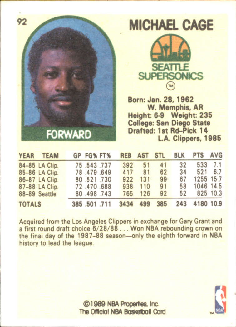1990 Hoops 100 Superstars #92 Michael Cage back image